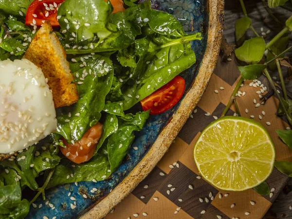 Salade savoureuse avec oeuf, tomate, sauce guacamole, craquelins, citron vert et herbes sur une assiette artisanale — Photo