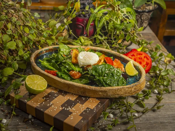 Ensalada sabrosa con huevo, tomate, salsa de guacamole, con galletas saladas, lima y hierbas en un plato artesanal —  Fotos de Stock