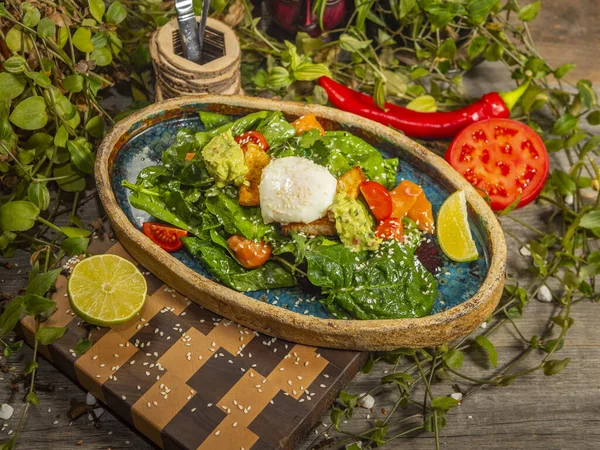 Salade savoureuse avec oeuf, tomate, sauce guacamole, craquelins, citron vert et herbes sur une assiette artisanale — Photo