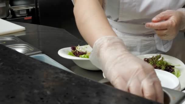 Processo Fazer Saladas Num Restaurante Salada Legumes Frutos Mar Frescos — Vídeo de Stock