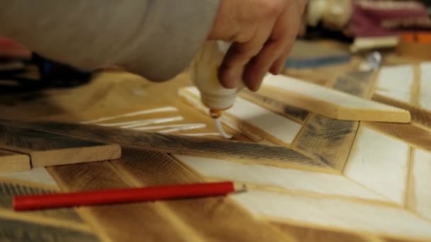 Carpenter Makes Wooden Panel Gluing Slats Plywood Workshop — Stock Video