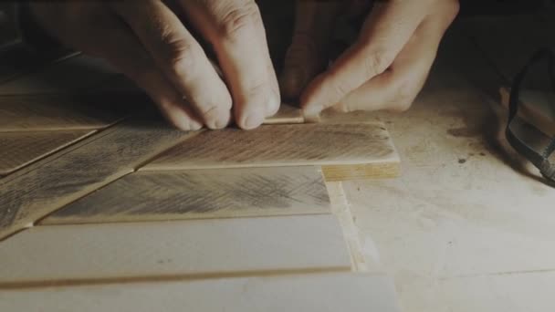 Carpinteiro Faz Painel Madeira Colando Ripas Madeira Compensada Uma Oficina — Vídeo de Stock