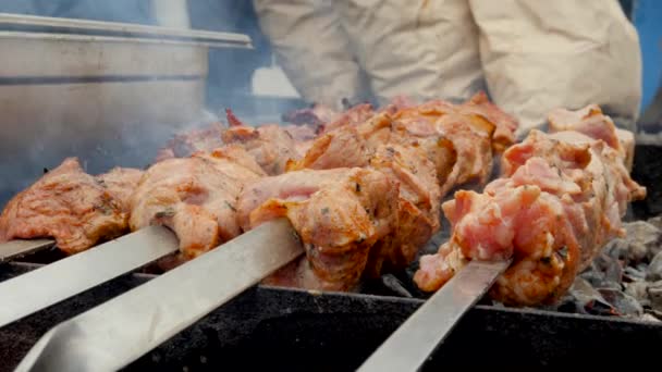 Madlavning Grill Udendørs Grill Med Varme Kul Dag – Stock-video