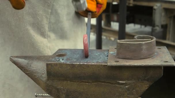 仕事中の鍛冶屋は熱い金属を鍛造する 金属工房 — ストック動画