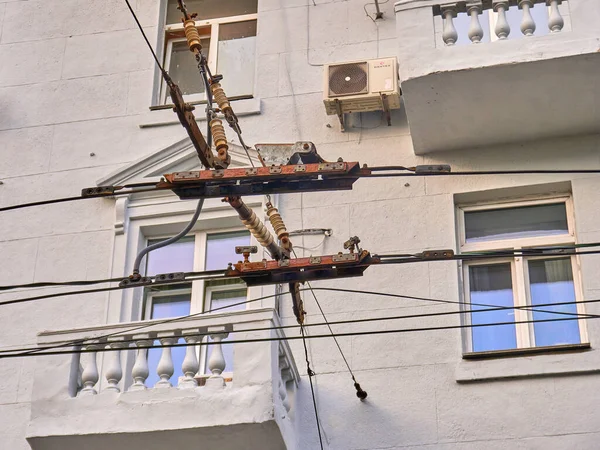 Connexions Fils Électriques Fer Trolleybus Jour — Photo