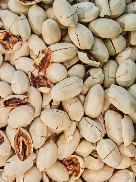 Birçok Pistachio mağazanın tezgahında. Fındık dükkanı. Şam fıstığı deseni