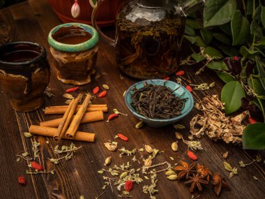 Çay seremonisi hazırlığı, kasede çay. El yapımı bardaklar.