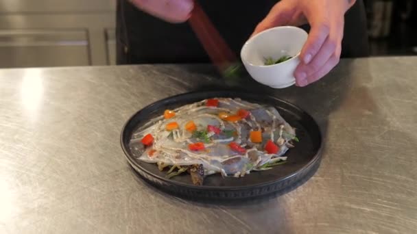 Een Heerlijke Salade Koken Met Gegrilde Groenten Geroosterd Vlees — Stockvideo