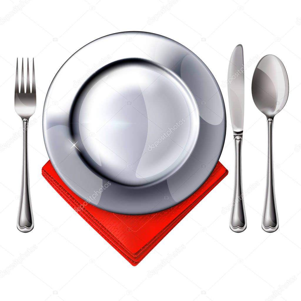 Empty plate with spoon, knife and fork on a white background.