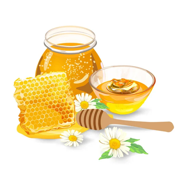 Miel con palo de madera y flores. Vector . — Vector de stock