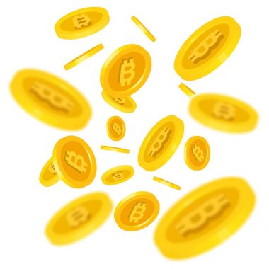Saydam arka plan üzerinde vektör çizim uçan Bitcoin paralar. Büyük izometrik altın Kripto para birimi grafiksel tasarım elemanları. Sanal para, izometrik altın sikke, ayrıntılar bulanık.