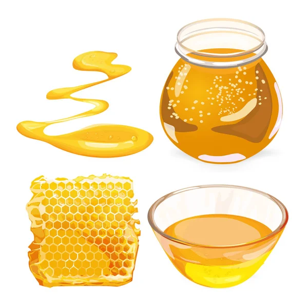 Vektor illustrationer av honung i vaxkakor i burk. — Stock vektor