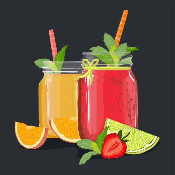 Delicious fruit juices in a jar on a black background. Vector illustration — Stock Vector