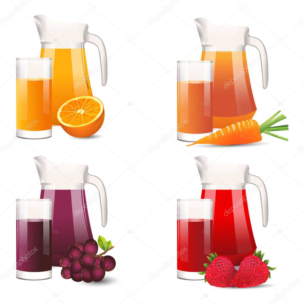 Realistic selection of jars and glasses with fruit juices. Vector illustration