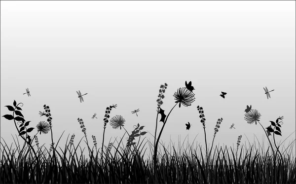 Illustration med fjärilar i gräs siluett på vit bakgrund — Stock vektor