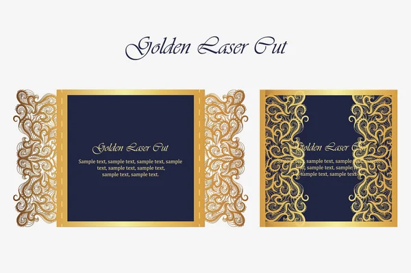 Wedding invitation or greeting card with gold floral ornament. Wedding invitation envelope for laser cutting. Vector illustration. — Stock Vector
