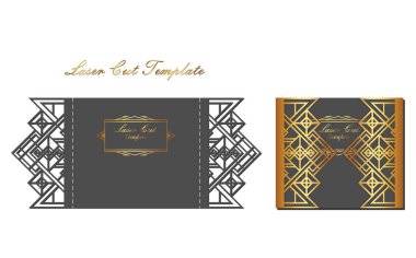 Laser cutting template of invitation. Black and white invitation with a gold patterned border slotted in the form of scales. clipart