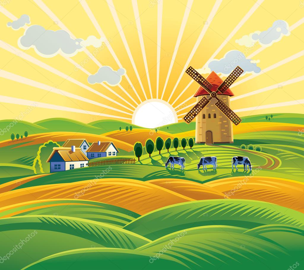 Rural farm landscape with windmill — Stock Vector © crop_ #127323822