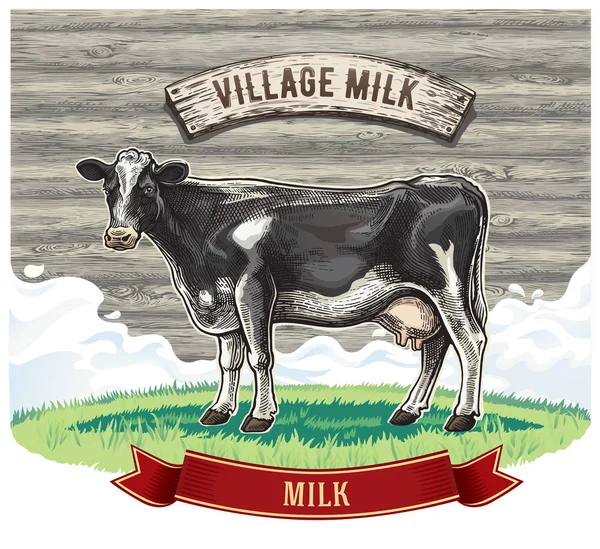 Cow, drawing in a graphic style, on the background of wooden wall, with design elements for milk label.
