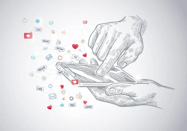 Dokunmatik ekranla telefonu tutan eller, grafiksel tarzda ve sosyal ağlarda insan iletişimini ve habercileri sembolize eden simge şeklinde arawn.