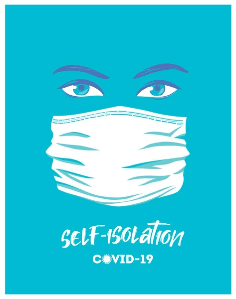 Női Arc Orvosi Maszkkal Kék Alapon Karantén Önelkülönítés Szimbólumaként — Stock Vector