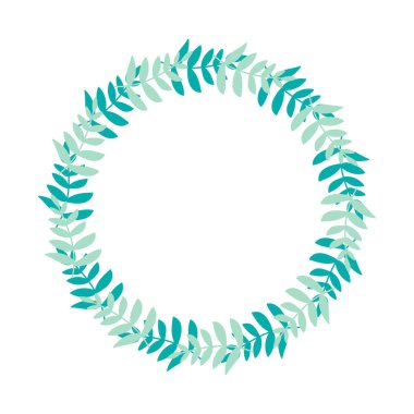 Mavi renkli botanik vektör çerçevesi. Beyaz arkaplanda çelenk bırakır.