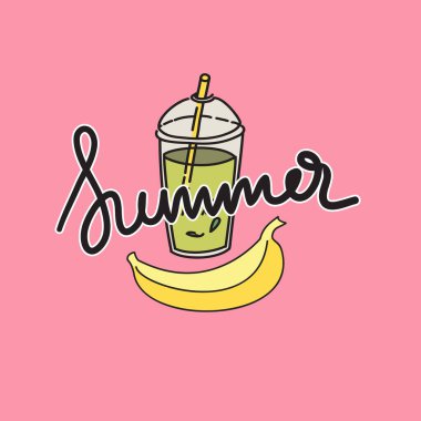 Yaz içeceği, üzerinde yazı yazan muz pembe arka planda izole edilmiş Summer. Yaz etiketi, logo, yaz tatili için tasarım elementleri sıcak hava için vektör taze elementler.