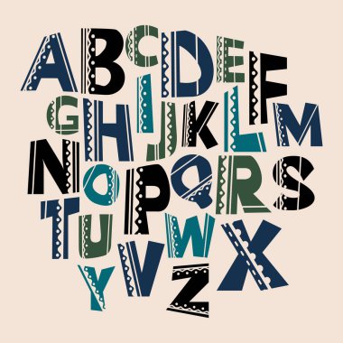 Süslü vektör sanatsal yazı tipi. Vektör çizgi roman alfabesi