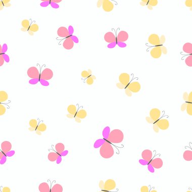Pembe ve sarı renklerde vektör kelebekleri olan kusursuz desen. Çizgi film biçimi