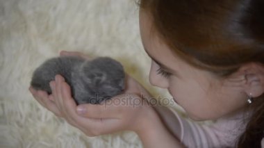 Bugün tarihi bir çocuk bir avuç boyutunu küçük kör kedi yavrusu