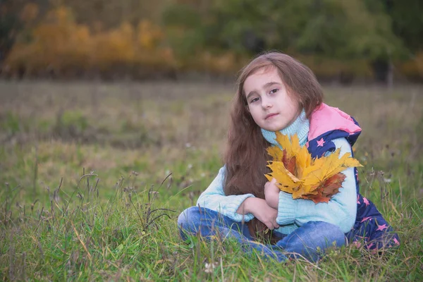 Ребенок Букетом Цветов Листьев Осенью — стоковое фото