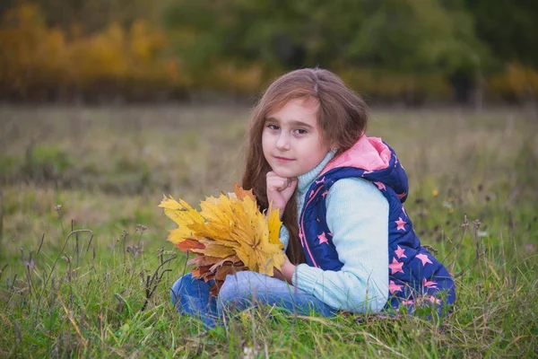 Bambino Con Mazzo Fiori Foglie Autunno — Foto Stock