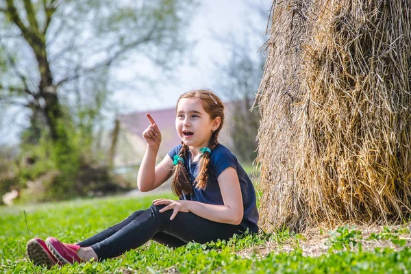 Девочка Ребенок Косичками Рыжие Волосы Играет Возле Стога Сена Поле — стоковое фото