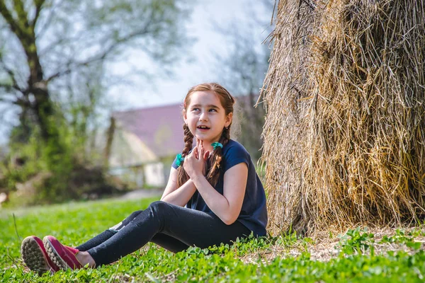 Girl Child Pigtails Red Hair Playing Haystacks Field Village Sunny — Stock Photo, Image