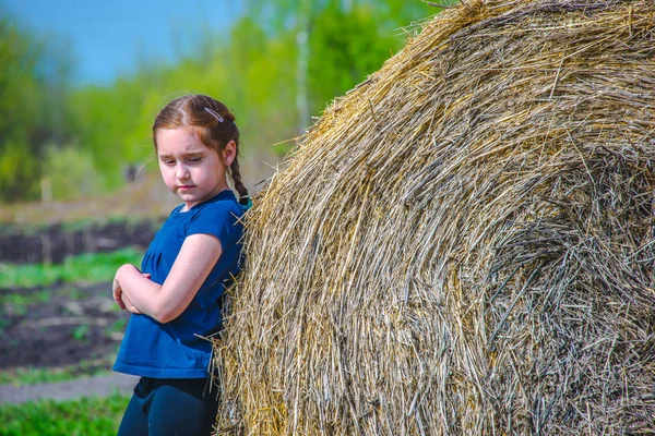 Egy Lány Egy Gyermek Pigtailek Vörös Hajú Játszott Haystacks Mezőben — Stock Fotó