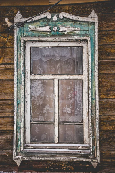 Vintage Old Glass Windows Carved Frames Abandoned House — Stock Photo, Image