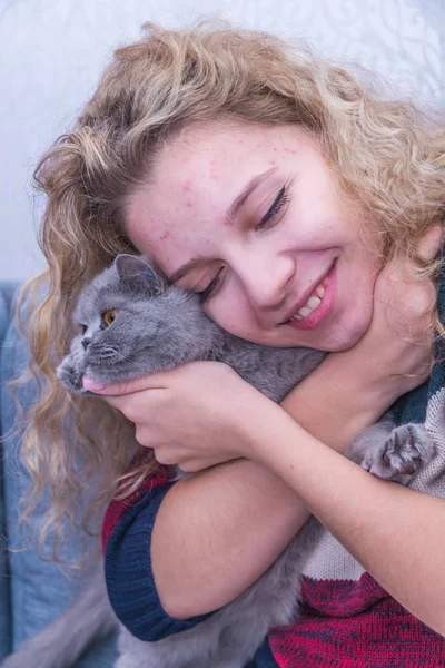 Девушка обнимает шотландскую кошку — стоковое фото