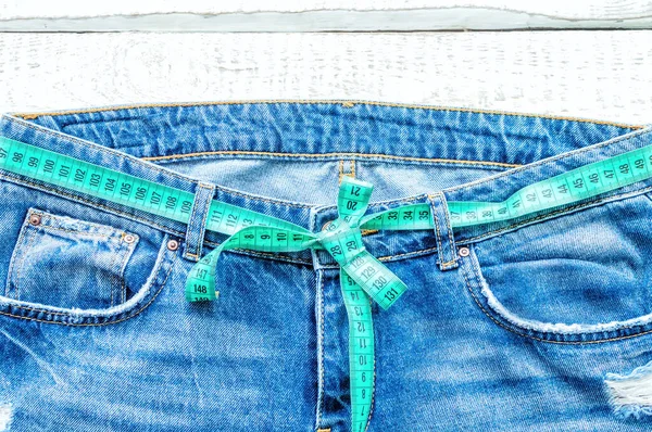 Pantalon Haut Denim Sur Fond Bois Jeans Bleu Avec Ruban — Photo