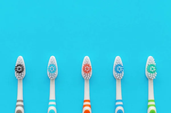 Multicolored Toothbrushes Blue Background View Top Concept Dental Health — Stock Photo, Image