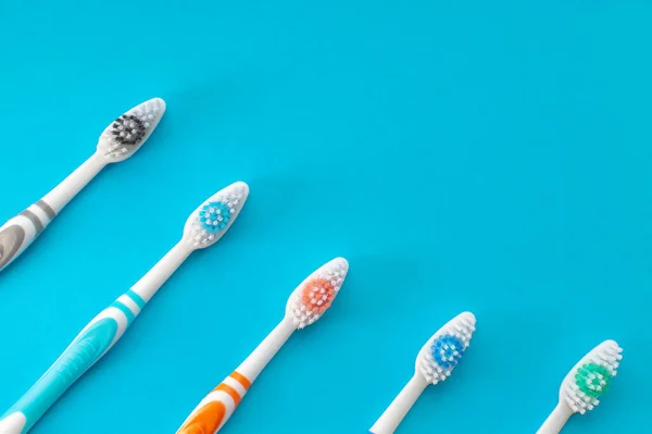 Multicolored Toothbrushes Blue Background View Top Concept Dental Health — Stock Photo, Image