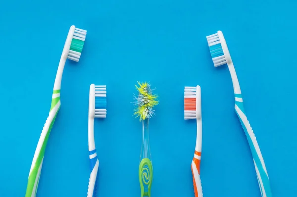 Multicolored Toothbrushes Blue Background View Top Close Concept Dental Health — Stock Photo, Image