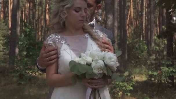 Menyasszony Vőlegény Sétálni Egy Zöld Parkban Nyáron Meleg Időben — Stock videók