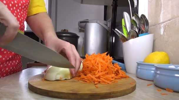 Fille Coupe Des Carottes Pour Salade Ragoût Légumes Dans Cuisine — Video