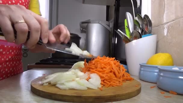 Ragazza Taglia Carote Insalata Stufato Verdure Nella Cucina Casa — Video Stock