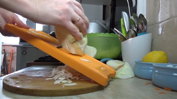 Девушка Измельчает Капусту Салата Овощного Рагу Домашней Кухне — стоковое видео