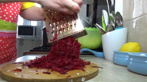 Girl Cuts Beets Salad Vegetable Stew Home Kitchen — Stock Video