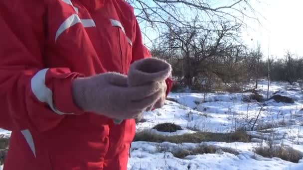 赤いオーバーオールの女の子は冬の涼しい天候でミトンを手に入れます — ストック動画