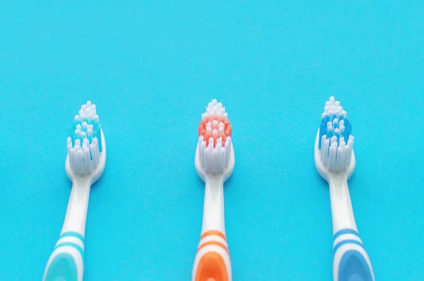 Multicolored Toothbrushes Blue Background View Top Concept Dental Health — Stock Photo, Image