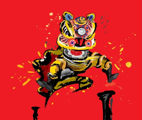 一个跳跃的中国狮子在各种各样的颜色和提出在飞溅墨画样式 红色背景矢量 — 图库矢量图片