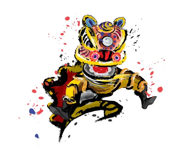 一个孤立的跳跃的中国狮子在不同的颜色和提出在飞溅墨画样式 — 图库矢量图片